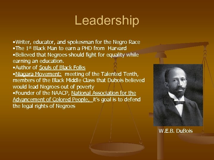 Leadership • Writer, educator, and spokesman for the Negro Race • The 1 st