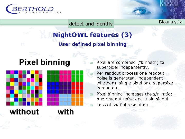 detect and identify Bioanalytik Night. OWL features (3) User defined pixel binning Pixel are