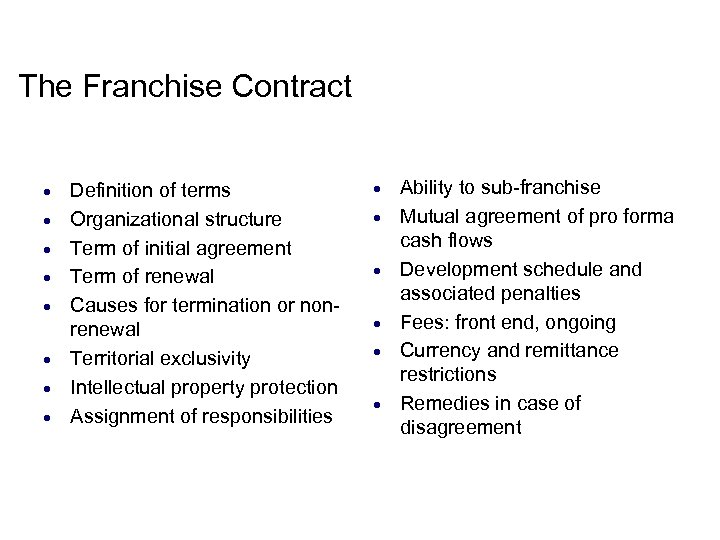 The Franchise Contract Definition of terms Organizational structure Term of initial agreement Term of