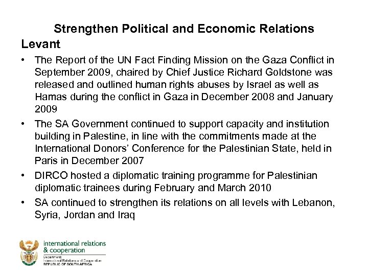 Strengthen Political and Economic Relations Levant • The Report of the UN Fact Finding