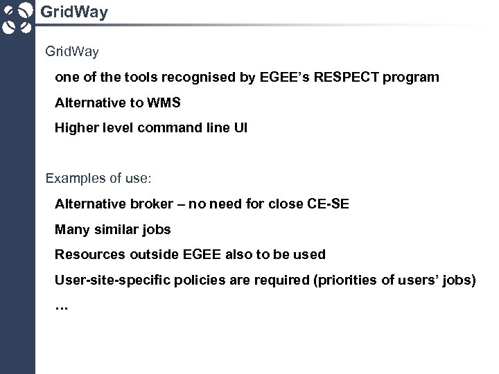 Grid. Way one of the tools recognised by EGEE’s RESPECT program Alternative to WMS