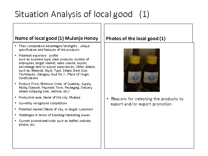 Situation Analysis of local good　(1) Name of local good (1) Mulanje Honey Photos of
