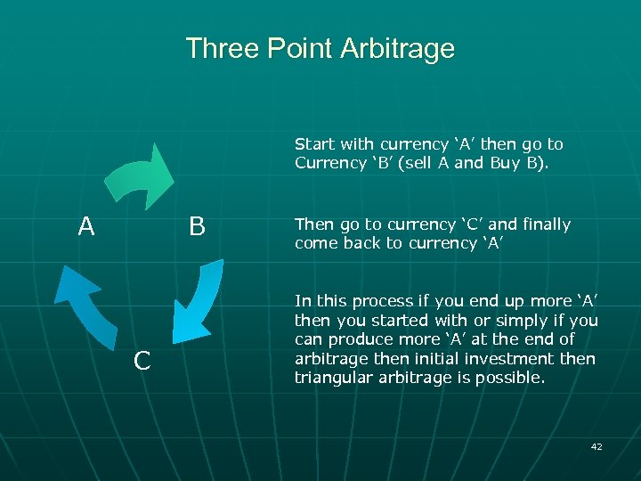 Three Point Arbitrage Start with currency ‘A’ then go to Currency ‘B’ (sell A