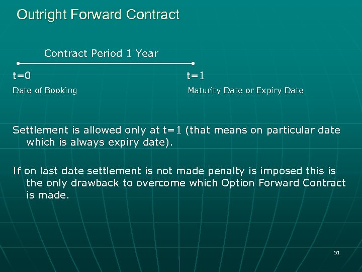 Outright Forward Contract Period 1 Year t=0 t=1 Date of Booking Maturity Date or