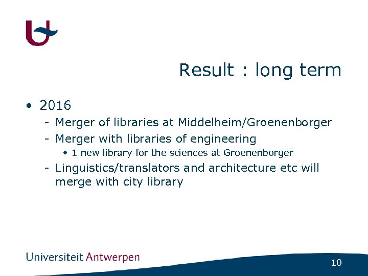 Result : long term • 2016 - Merger of libraries at Middelheim/Groenenborger - Merger