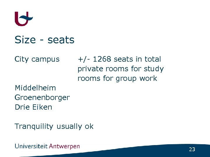 Size - seats City campus +/- 1268 seats in total private rooms for study
