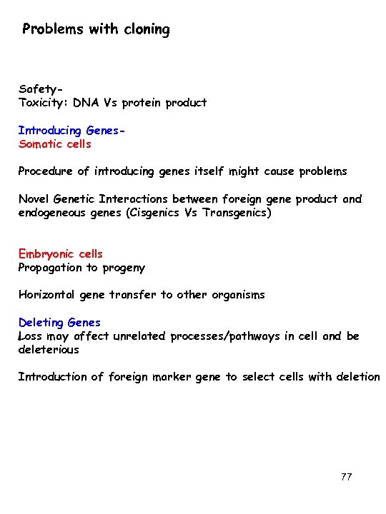 Problems with cloning Safety. Toxicity: DNA Vs protein product Introducing Genes. Somatic cells Procedure