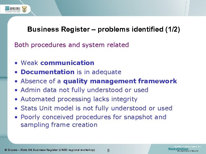 Business Register – problems identified (1/2) Both procedures and system related • • Weak