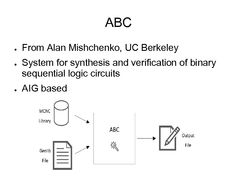 ABC ● ● ● From Alan Mishchenko, UC Berkeley System for synthesis and verification