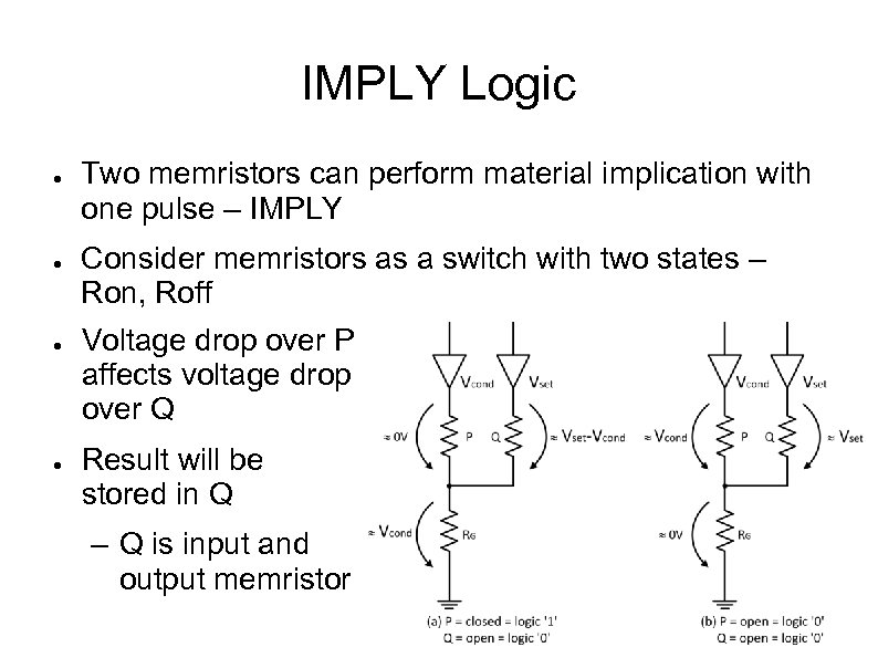 IMPLY Logic ● ● Two memristors can perform material implication with one pulse –