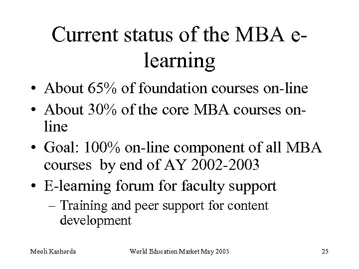 Current status of the MBA elearning • About 65% of foundation courses on-line •