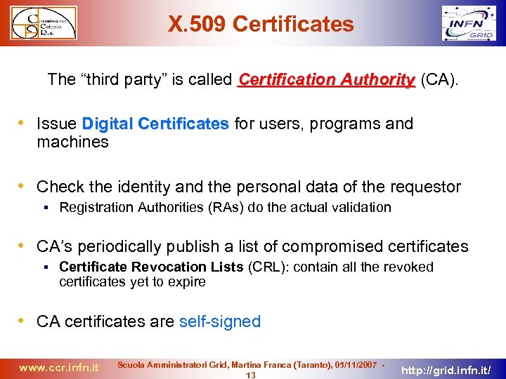 X. 509 Certificates The “third party” is called Certification Authority (CA). • Issue Digital