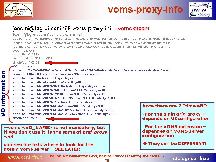 voms-proxy-info [cesini@lcg-ui cesini]$ voms-proxy-init --voms dteam VO information [cesini@lcg-ui cesini]$ voms-proxy-info --all subject :