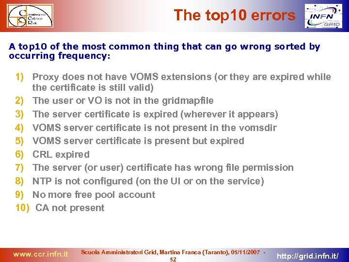 The top 10 errors A top 10 of the most common thing that can