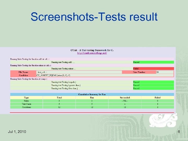 Screenshots-Tests result Jul 1, 2010 6 