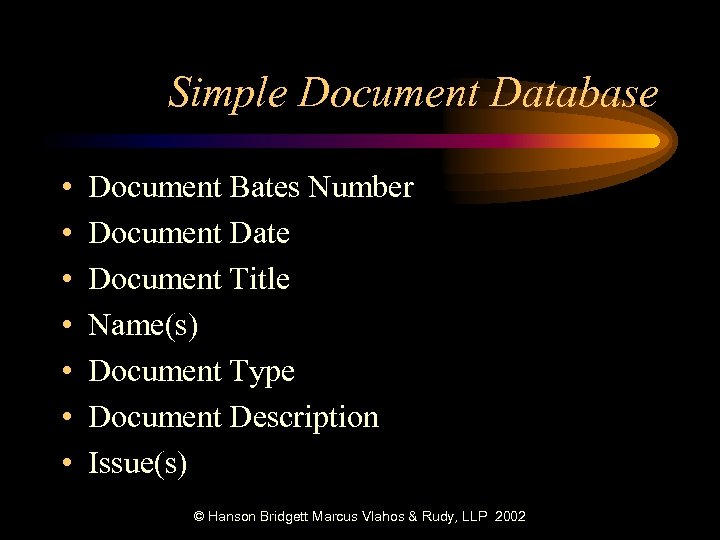 Simple Document Database • • Document Bates Number Document Date Document Title Name(s) Document