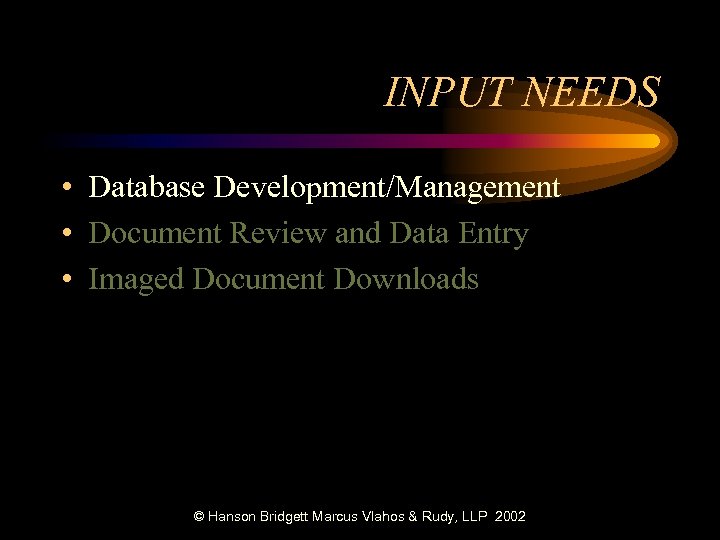 INPUT NEEDS • Database Development/Management • Document Review and Data Entry • Imaged Document