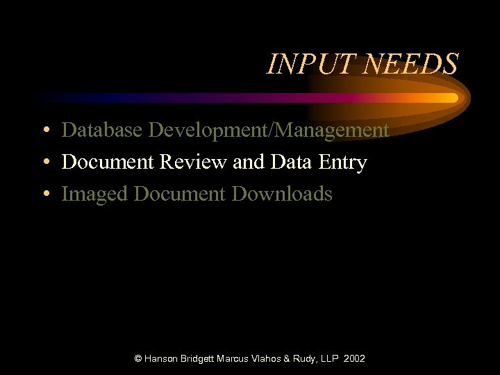INPUT NEEDS • Database Development/Management • Document Review and Data Entry • Imaged Document