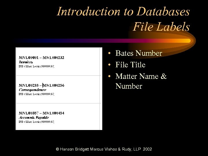 Introduction to Databases File Labels • Bates Number • File Title • Matter Name