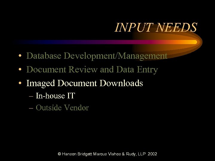 INPUT NEEDS • Database Development/Management • Document Review and Data Entry • Imaged Document