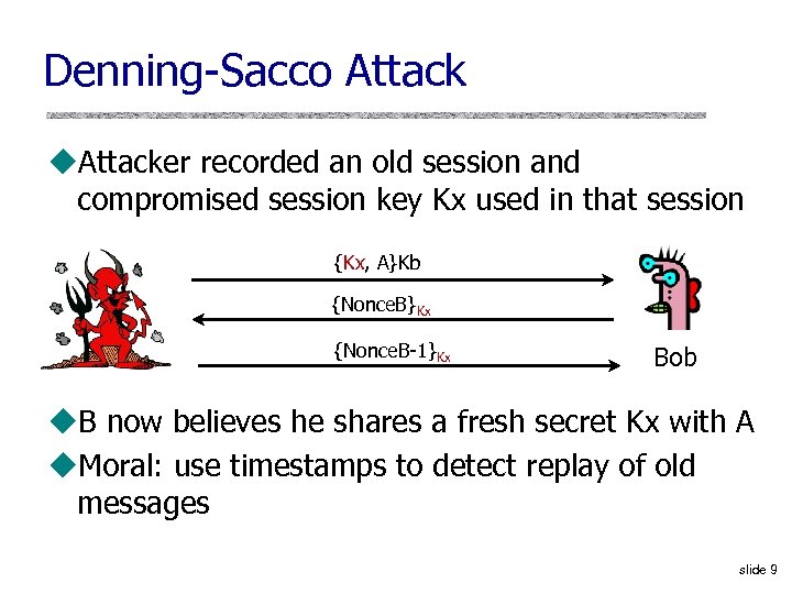 Denning-Sacco Attack u. Attacker recorded an old session and compromised session key Kx used