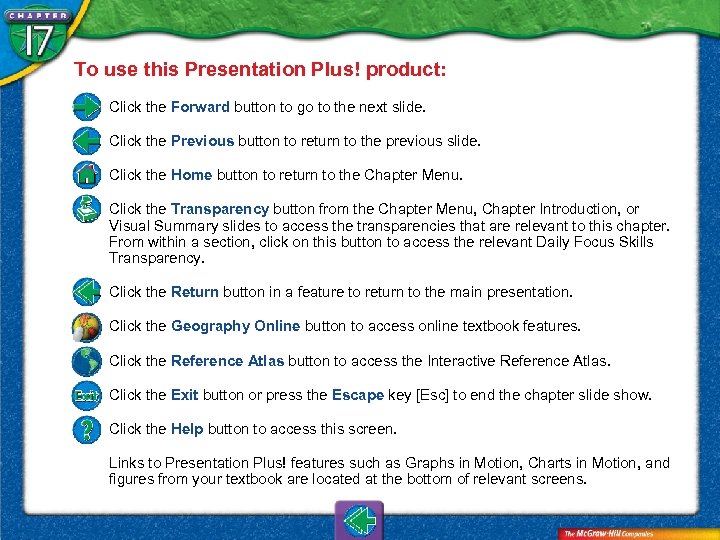 To use this Presentation Plus! product: Click the Forward button to go to the