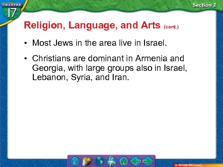 Religion, Language, and Arts (cont. ) • Most Jews in the area live in