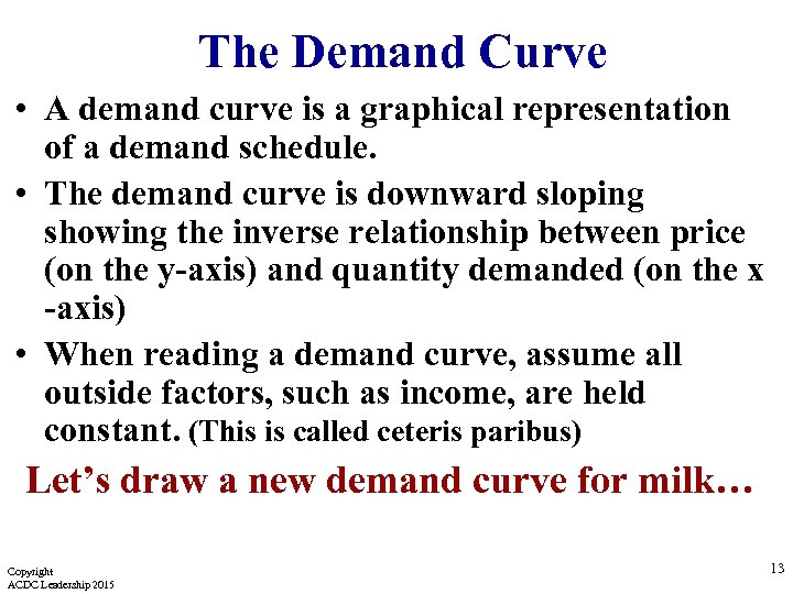 The Demand Curve • A demand curve is a graphical representation of a demand