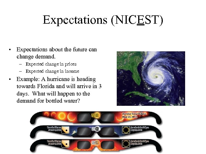 Expectations (NICEST) • Expectations about the future can change demand. – Expected change in