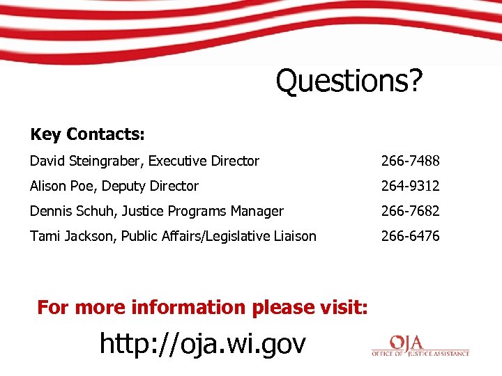 Questions? Key Contacts: David Steingraber, Executive Director 266 -7488 Alison Poe, Deputy Director 264