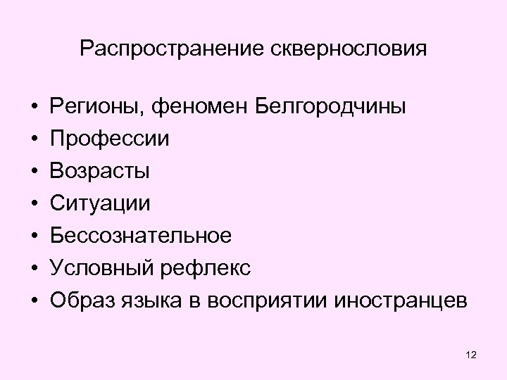 Распространение сквернословия • • Регионы, феномен Белгородчины Профессии Возрасты Ситуации Бессознательное Условный рефлекс Образ