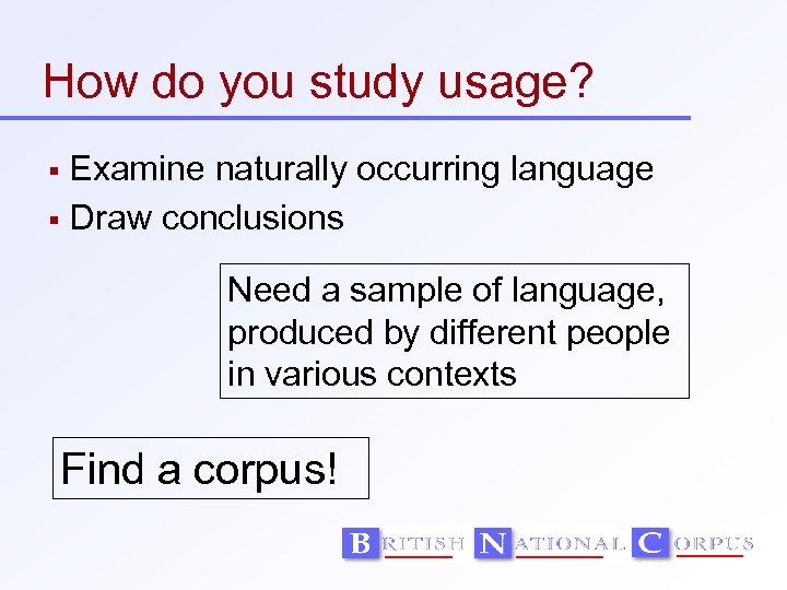 How do you study usage? Examine naturally occurring language Draw conclusions Need a sample