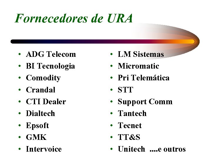 Fornecedores de URA • • • ADG Telecom BI Tecnologia Comodity Crandal CTI Dealer