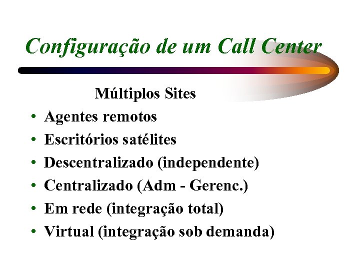 Configuração de um Call Center • • • Múltiplos Sites Agentes remotos Escritórios satélites