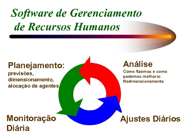 Software de Gerenciamento de Recursos Humanos Planejamento: previsões, dimensionamento, alocação de agentes Monitoração Diária