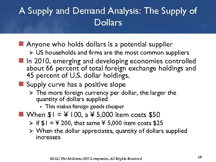 A Supply and Demand Analysis: The Supply of Dollars n Anyone who holds dollars