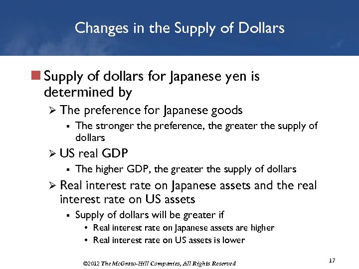 Changes in the Supply of Dollars n Supply of dollars for Japanese yen is