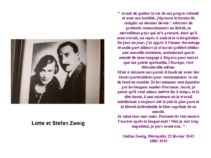  Lotte et Stefan Zweig " Avant de quitter la vie de ma propre