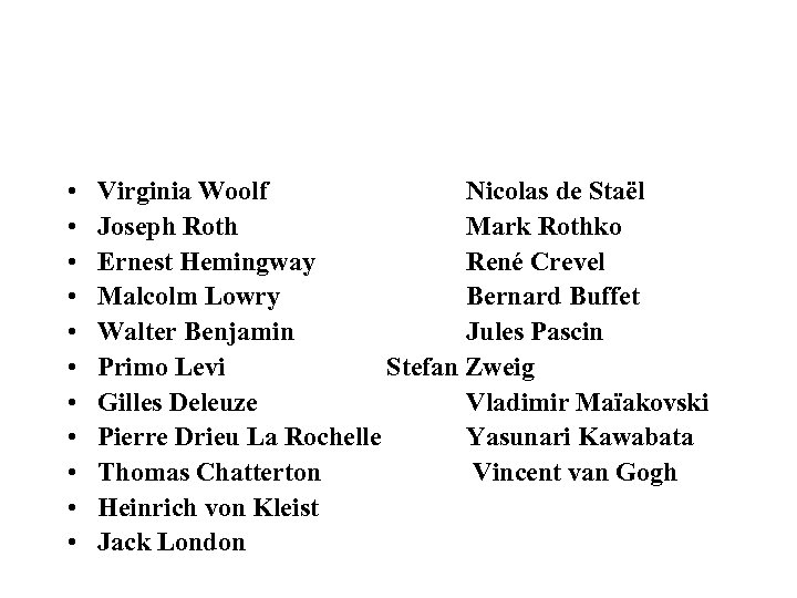  • • • Virginia Woolf Nicolas de Staël Joseph Roth Mark Rothko Ernest