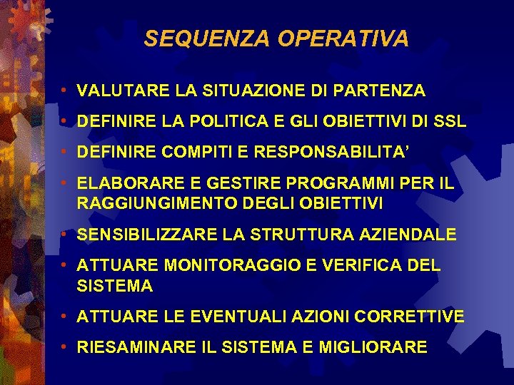SEQUENZA OPERATIVA • VALUTARE LA SITUAZIONE DI PARTENZA • DEFINIRE LA POLITICA E GLI