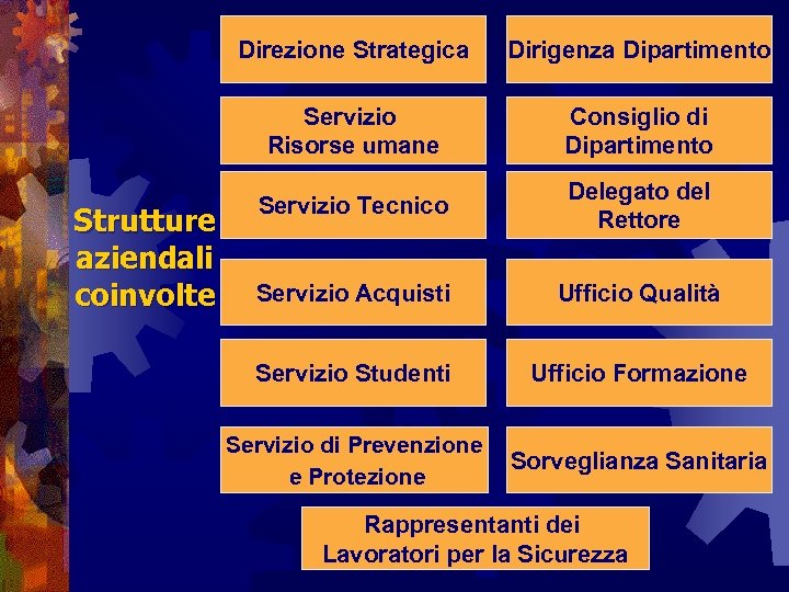Direzione Strategica Servizio Risorse umane Strutture aziendali coinvolte Dirigenza Dipartimento Consiglio di Dipartimento Servizio