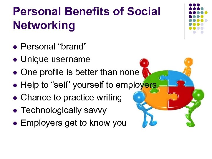 Personal Benefits of Social Networking l l l l Personal “brand” Unique username One