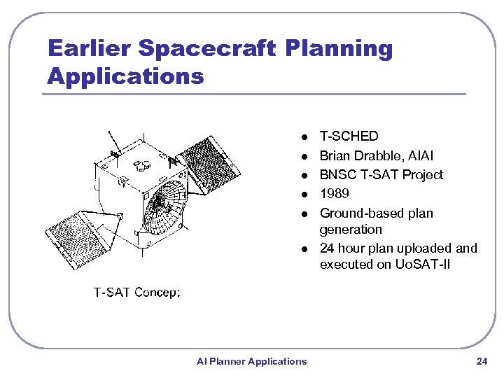 Earlier Spacecraft Planning Applications l l l AI Planner Applications T-SCHED Brian Drabble, AIAI