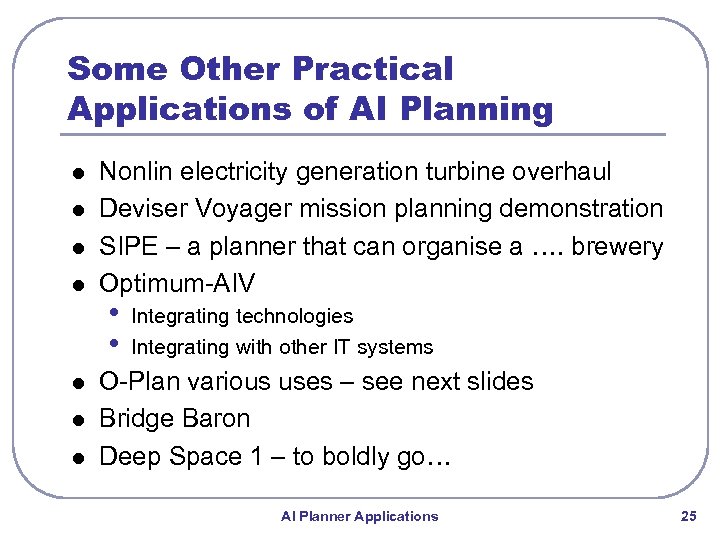 Some Other Practical Applications of AI Planning l l l l Nonlin electricity generation