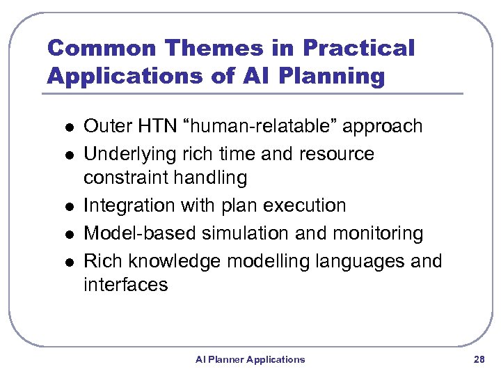 Common Themes in Practical Applications of AI Planning l l l Outer HTN “human-relatable”