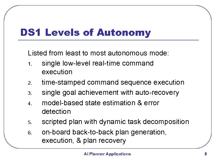 DS 1 Levels of Autonomy Listed from least to most autonomous mode: 1. single