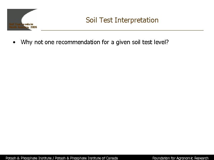 Soil Test Levels in North America, 2005 Soil Test Interpretation • Why not one