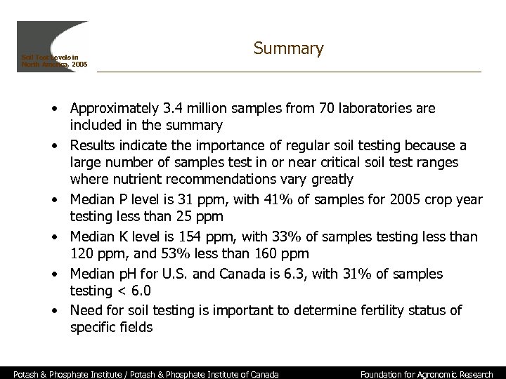 Soil Test Levels in North America, 2005 Summary • Approximately 3. 4 million samples