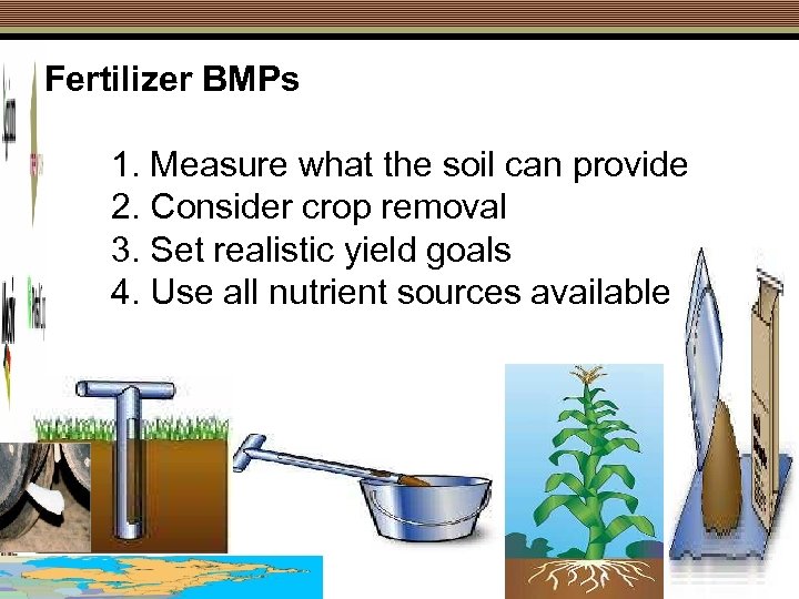 Fertilizer BMPs 1. Measure what the soil can provide 2. Consider crop removal 3.