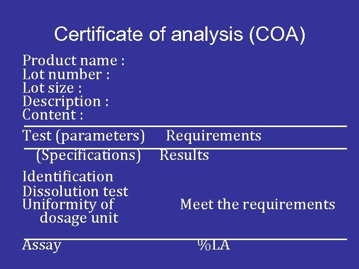 Certificate of analysis (COA) Product name : Lot number : Lot size : Description
